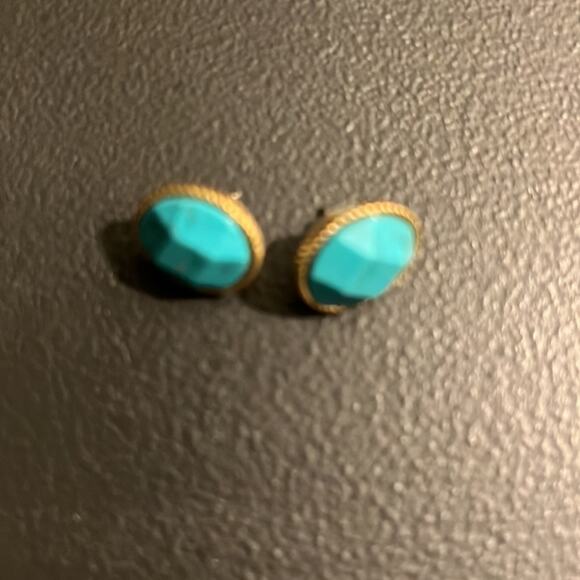 Gold Metal and Turquoise Stud Earrings for Pierced Ears - Picture 6 of 7